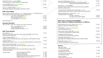 Bulls' Corner Restaurant Bar menu