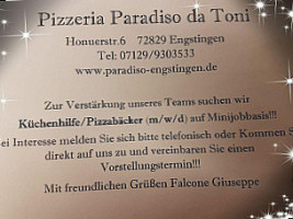 Pizzeria Paradiso Da Toni menu