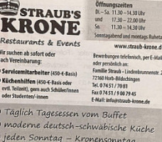 Straub's Krone Events menu