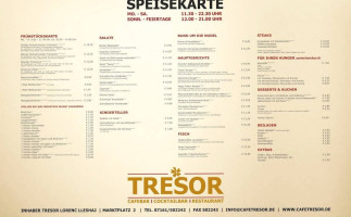 Tresor Cafebar, Cocktailbar, Restaurant menu