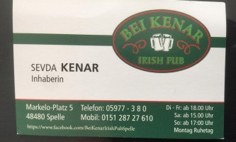 Bei Kenar Irish Pub menu